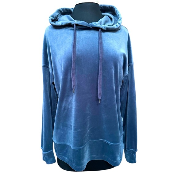 Navy Blue Soft Velour Pullover Athleisure Drawstring Hoodie Women’s Size L - Picture 1 of 9